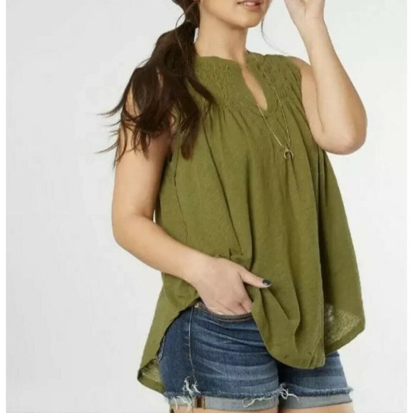 NWT Free People Small New To Town Smocked Tunic Top Moss Green Linen Cotton $58